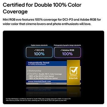 An LG Mini RGB evo AI MRGB86, equipped with RGB Primary Color Pro, offers 100% color coverage of DCI-P3 and Adobe RGB, certified by Intertek.